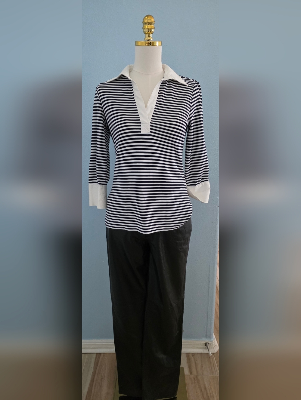 Striped Black and White Split-Neck Women’s Top